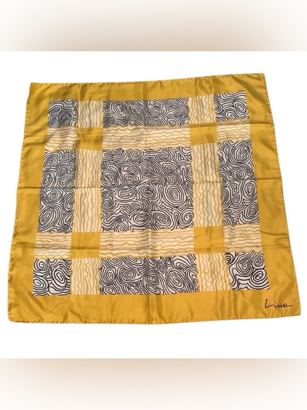 Vintage Lind Silk Scarf Yellow Black Swirls Scarf Art To Wear Geometric 26X26